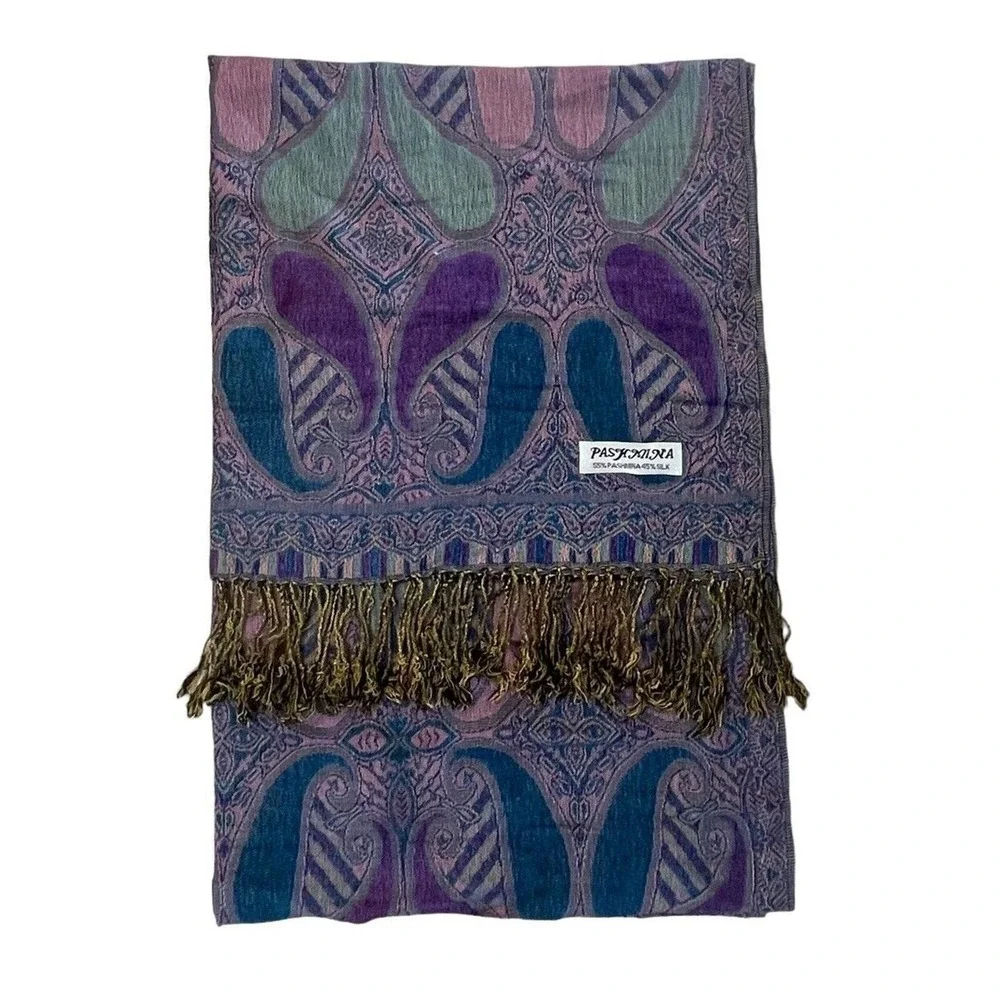Pashmina Silk Paisley Shawl Scarf Wrap Womens Purple Teal Boho Chic Fringed